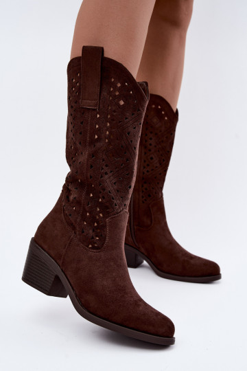 Stiefel bis zum Knie mit Ausschnitt-Elementen im Cowboy-Stil mit Absätzen S.Barski HY62-8126 in Schokolade
