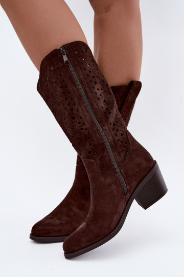 Stiefel bis zum Knie mit Ausschnitt-Elementen im Cowboy-Stil mit Absätzen S.Barski HY62-8126 in Schokolade 2