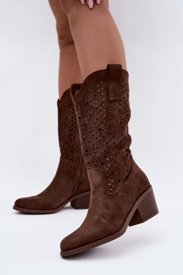 Stiefel bis zum Knie mit Ausschnitt-Elementen im Cowboy-Stil mit Absätzen S.Barski HY62-8126 in Braun