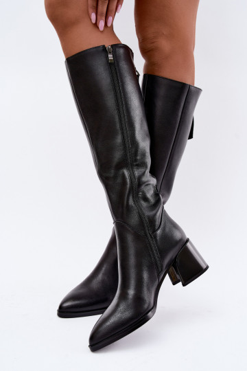 Leder gefütterte Damenlange Stiefel mit Absatz D&A JC62-1069 schwarz 2