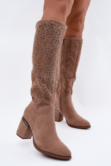 Lange Stiefel mit Ausschnitten und Absatz S.Barski HY62-8122 sand