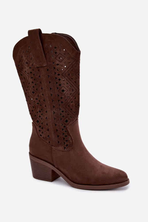 Stiefel bis zum Knie mit Ausschnitt-Elementen im Cowboy-Stil mit Absätzen S.Barski HY62-8126 in Braun