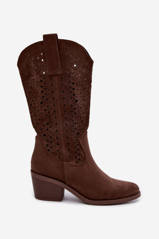 Stiefel bis zum Knie mit Ausschnitt-Elementen im Cowboy-Stil mit Absätzen S.Barski HY62-8126 in Braun