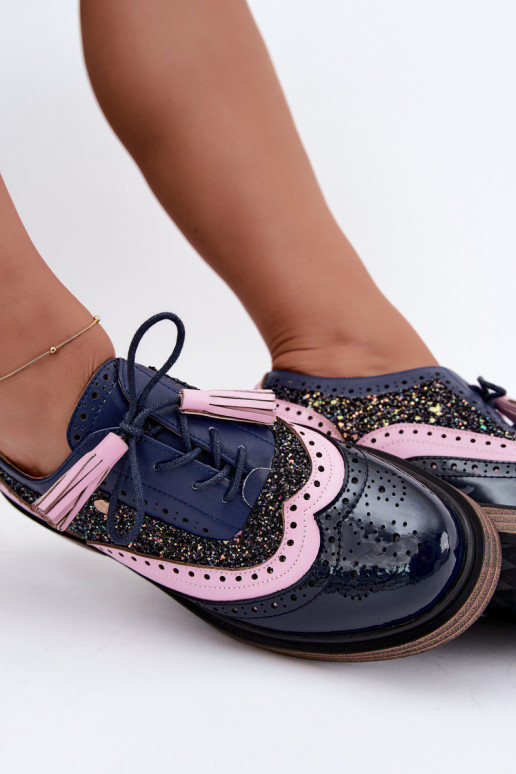 Damenlederschuhe mit Schnürsenkeln und Quasten Tai turiciejka K7816-17 in Dunkelblau