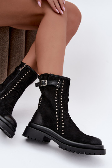 Wärmende Damenstiefeletten aus Kunstveloursleder mit Schnallen Tai turiciejka K7727-01 in Schwarz