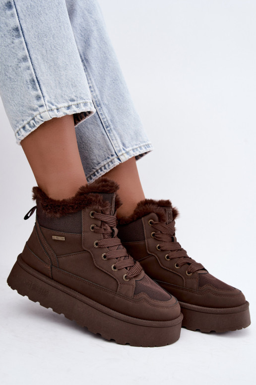 Damen Schneestiefel mit Schnürsenkeln und Fell dunkelbraun Big Star