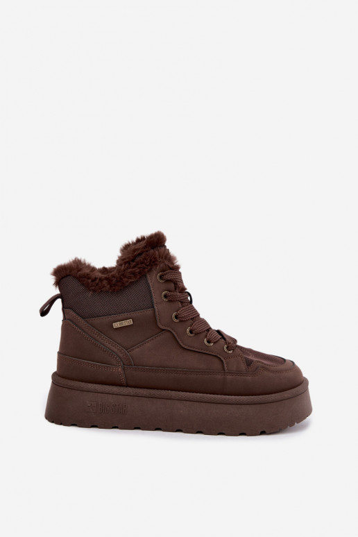 Damen Schneestiefel mit Schnürsenkeln und Fell dunkelbraun Big Star