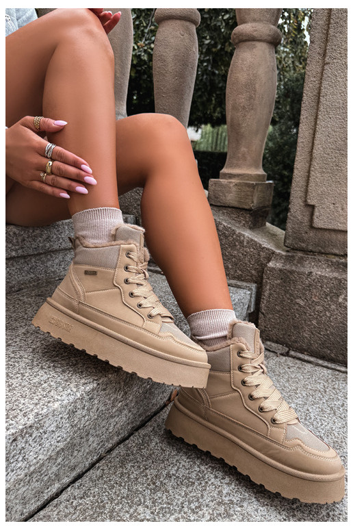 Damen Schneestiefel mit Schnürsenkeln und Fell sandfarben Big Star