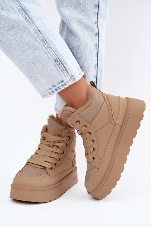 Damen Schneestiefel mit Schnürsenkeln und Fell sandfarben Big Star