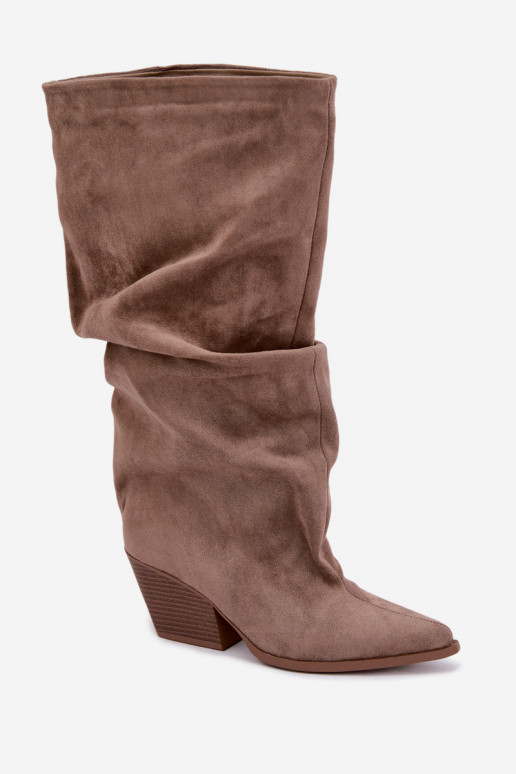 Khaki Damenstiefel mit gebogenem Schaft und Absätzen aus Veloursleder Durela