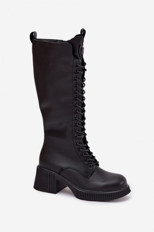 Vinceza 66804 schwarze warme lange Lederstiefel für Damen mit Schnürsenkeln und Absatz
