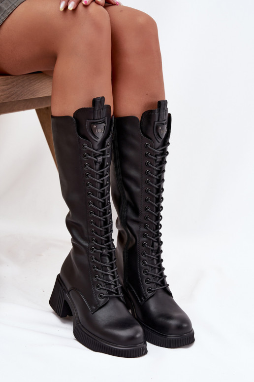Vinceza 66804 schwarze warme lange Lederstiefel für Damen mit Schnürsenkeln und Absatz