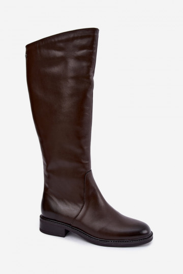 Leder Damen Stiefel bis zum Knie mit breiten Absätzen isoliert Zazoo 70163 schokoladenfarben 2