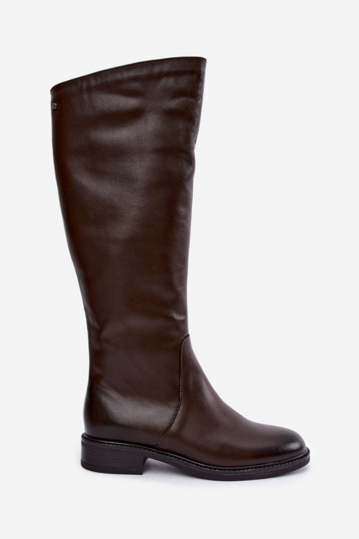 Leder Damen Stiefel bis zum Knie mit breiten Absätzen isoliert Zazoo 70163 schokoladenfarben