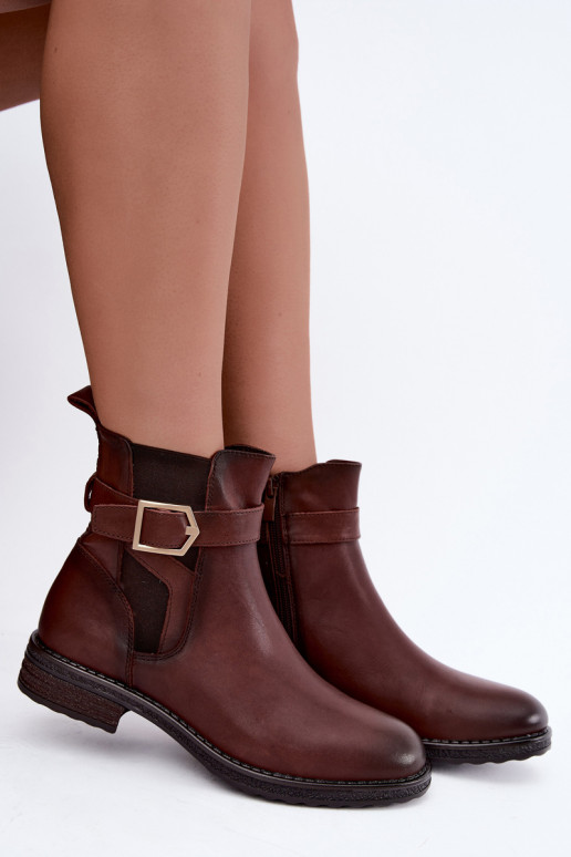 Isolierte Damenstiefeletten aus Kunstleder mit Schnallen Sergio Leone BT-43 braun