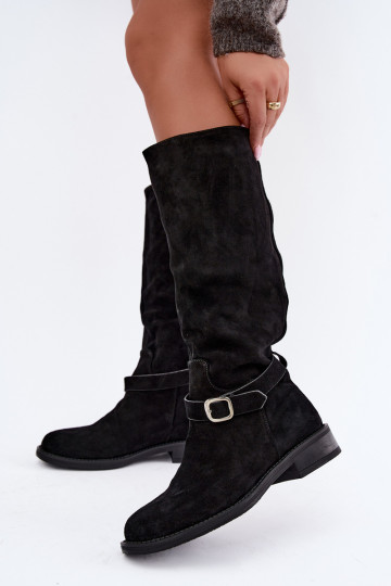 Kniehohe Stiefel aus Kunstveloursleder mit Schnallen Vinceza schwarz 2