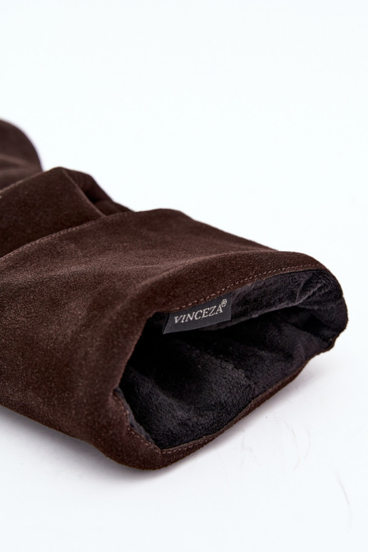 Faux-Suede kniehohe Stiefel Slouchy mit dünnen Absätzen Vinceza 89170 in Schokoladenfarbe
