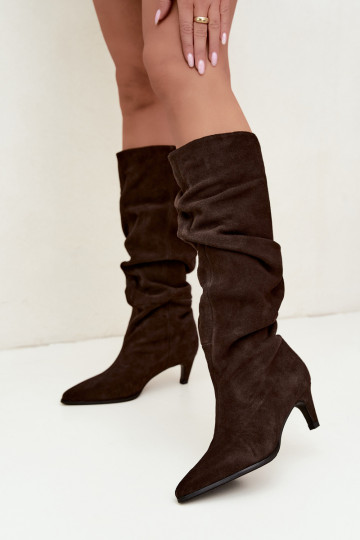Faux-Suede gefütterte kniehohe Stiefel Slouchy mit Absätzen Vinceza 89167 in Schokoladenfarbe 2