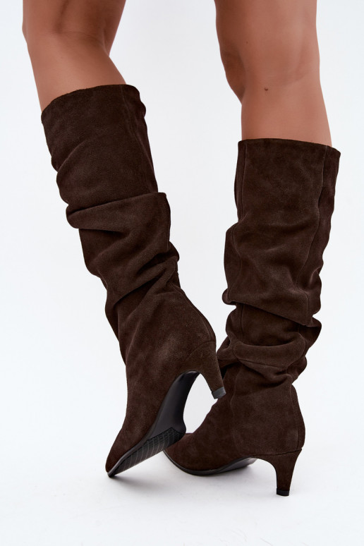 Faux-Suede gefütterte kniehohe Stiefel Slouchy mit Absätzen Vinceza 89167 in Schokoladenfarbe