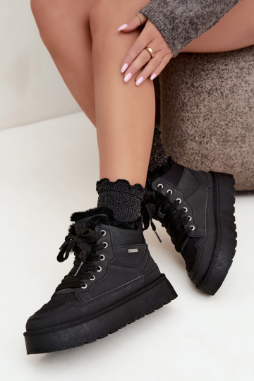 Schwarze Damenschneestiefel mit Schnürsenkeln und Fell Big Star UU274167