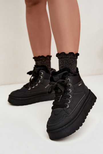 Schwarze Damenschneestiefel mit Schnürsenkeln und Fell Big Star UU274167 2
