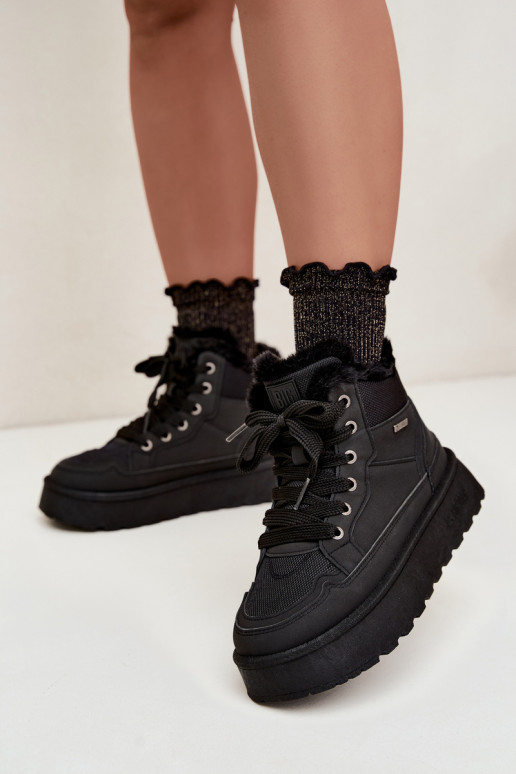 Schwarze Damenschneestiefel mit Schnürsenkeln und Fell Big Star UU274167