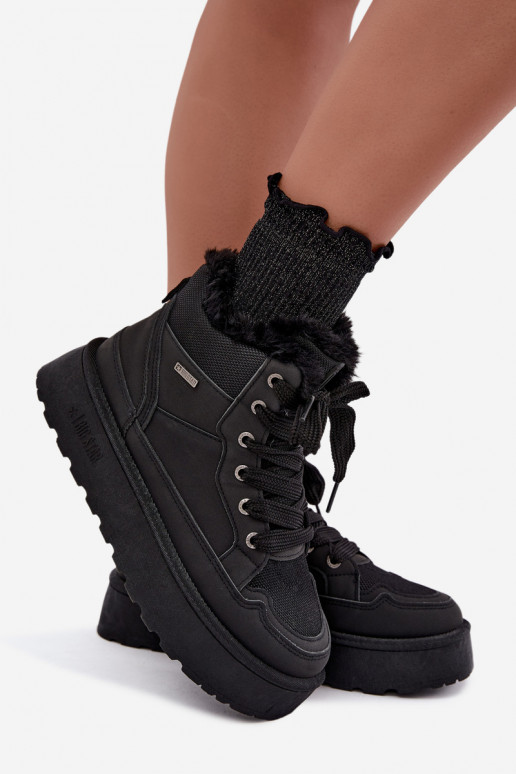 Schwarze Damenschneestiefel mit Schnürsenkeln und Fell Big Star UU274167