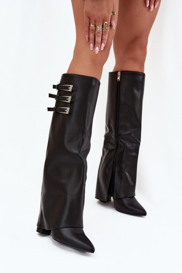 Damen Stiefel mit Absatz und Schnürschaft, Riemen mit Schnallen in schwarzer Ausführung Nirisa 2