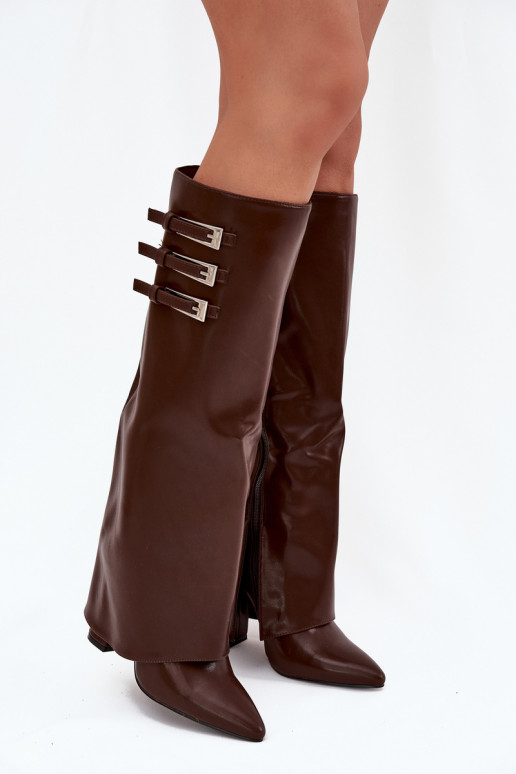 Damen Stiefel mit Absatz und Schnürschaft, Riemen mit Schnallen in schokoladenfarbener Ausführung Nirisa