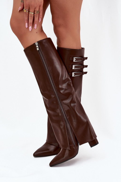 Damen Stiefel mit Absatz und Schnürschaft, Riemen mit Schnallen in schokoladenfarbener Ausführung Nirisa