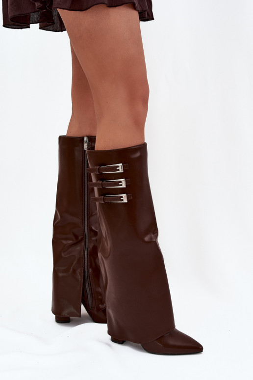 Damen Stiefel mit Absatz und Schnürschaft, Riemen mit Schnallen in schokoladenfarbener Ausführung Nirisa