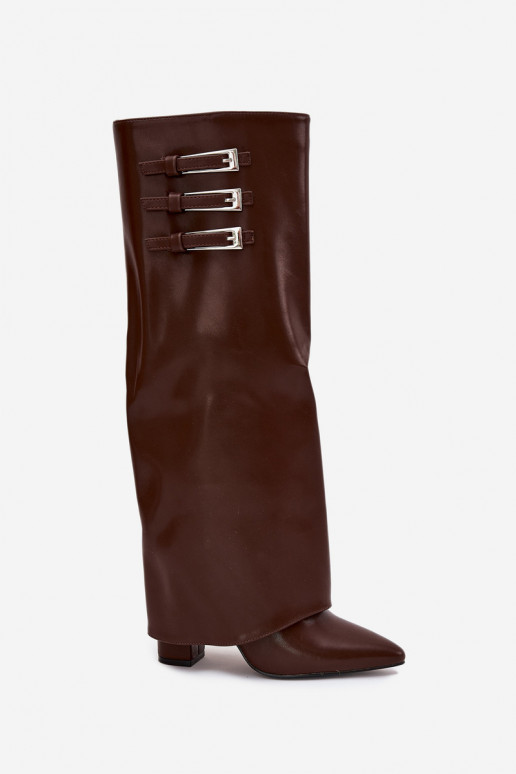 Damen Stiefel mit Absatz und Schnürschaft, Riemen mit Schnallen in schokoladenfarbener Ausführung Nirisa