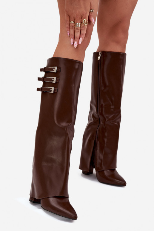Damen Stiefel mit Absatz und Schnürschaft, Riemen mit Schnallen in schokoladenfarbener Ausführung Nirisa