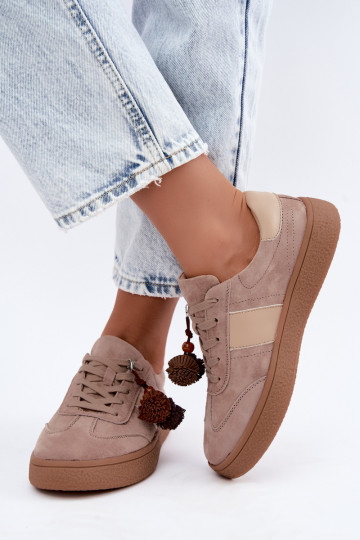 Haut aus INildleder Sneakers Stilvollllschuhe mit flauschigen Kugeln Vinceza 79682 Beige 2