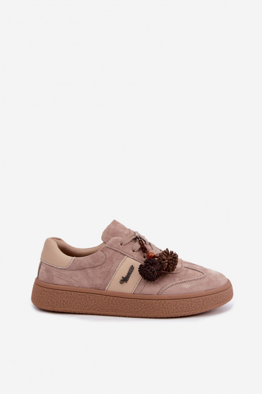 Sneaker aus Kunstveloursleder mit flauschigen Pompons Vinceza 79682 sandfarben