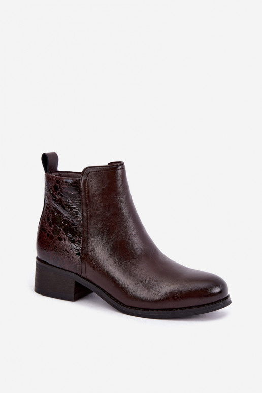 Wärmende Stiefeletten aus Kunstleder mit niedrigem Absatz Vinceza 133133 schokoladenfarben