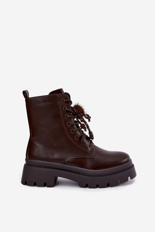 gefütterte Stiefel mit flauschigen Pompons in Schokolade Faresse