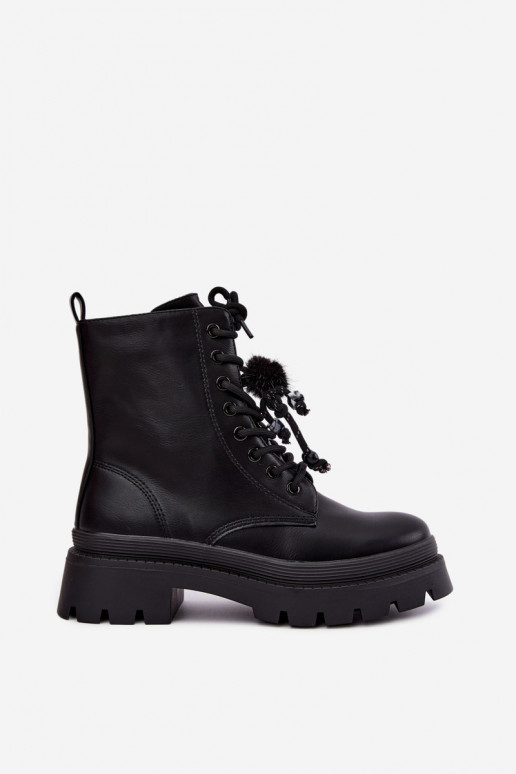 gefütterte Stiefel mit flauschigen Pompons in Schwarz Faresse