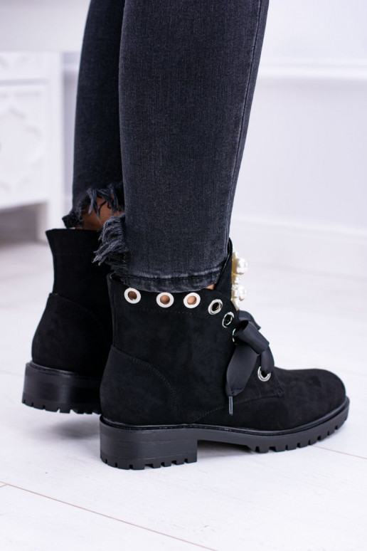 Wärmende Stiefeletten mit Kunstperlen und Schleife in Schwarz Perla