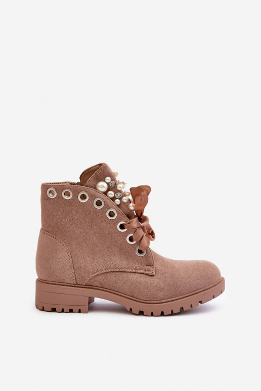 Wärmende Stiefeletten mit Kunstperlen und Schleife in Sand Perla
