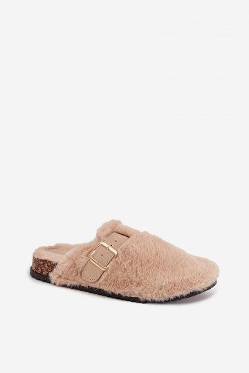 mit Pelzmantel Damenhausschuhe mit einer Plattform mit Riemen I mit Schnallen Beige Noraline 2