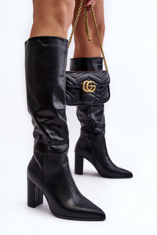 Schwarze kniehohe Damenstiefel mit Absatz Fiminna