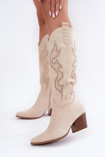 Elfenbeinfarbene kniehohe Stiefel im Cowboy-Stil mit Dekoration am Schaft Greyla