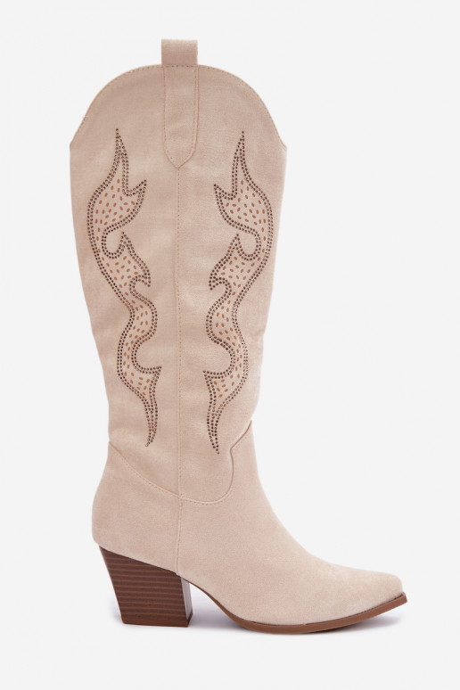 Elfenbeinfarbene kniehohe Stiefel im Cowboy-Stil mit Dekoration am Schaft Greyla