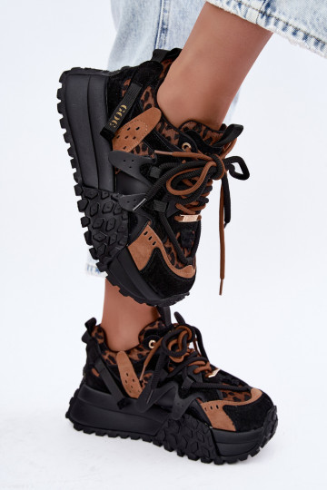 Schwarze Kunstveloursleder-Sneaker mit Plattform und Leopardenmuster-Details GOE UU2N4017
