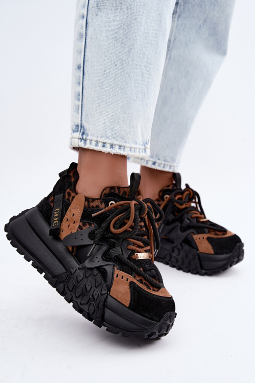Schwarze Kunstveloursleder-Sneaker mit Plattform und Leopardenmuster-Details GOE UU2N4017