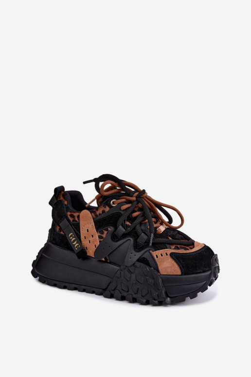 Schwarze Kunstveloursleder-Sneaker mit Plattform und Leopardenmuster-Details GOE UU2N4017