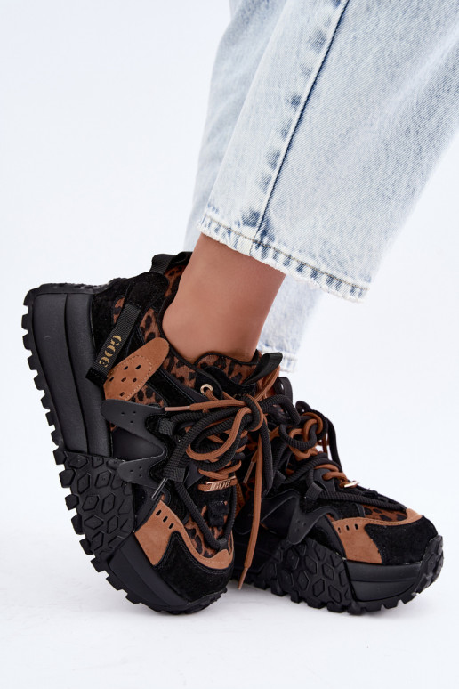 Schwarze Kunstveloursleder-Sneaker mit Plattform und Leopardenmuster-Details GOE UU2N4017