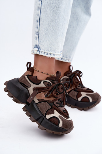Braune Kunstveloursleder-Sneaker mit Plattform und doppelten Schnürsenkeln GOE UU2N4012 2