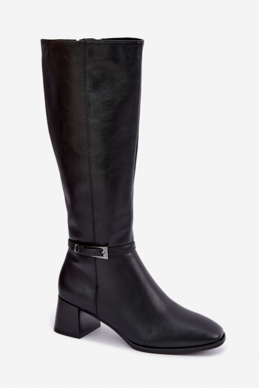 Isolierte schwarze Leder-Kniehohe Stiefel mit Absätzen und Schnallen Sergio Leone KZ-31
